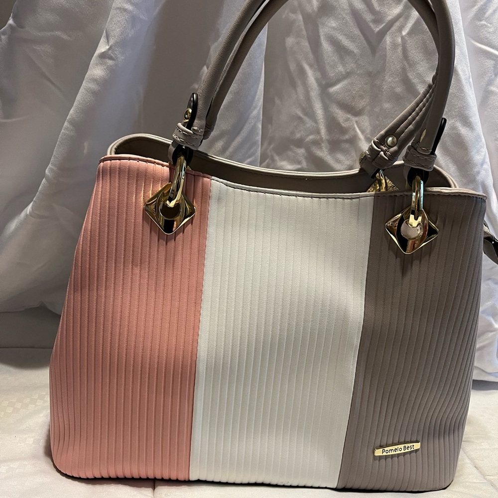 Pomelo Pink and White Shoulder Bag with Ribbed Texture